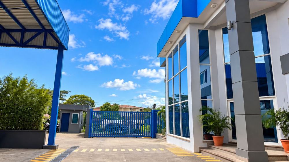 Portón de acceso con caseta de seguridad